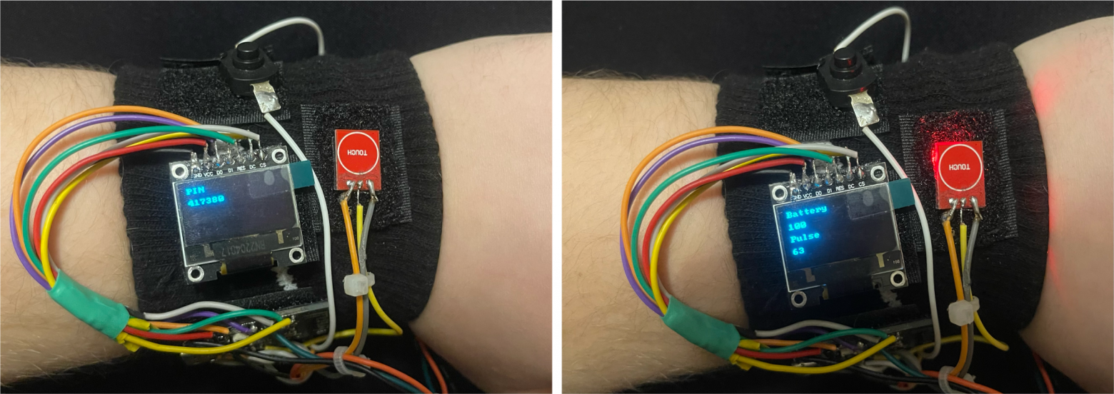 Генерирование динамического пин-кода при включении устройства и вывод показателей пульса и заряда аккумулятора на экран